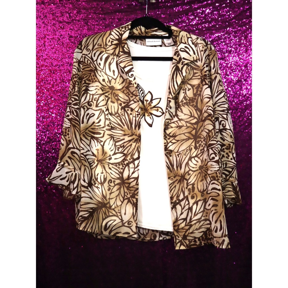 Brown Floral Layered Top 8 Alfred Dunner Women Tropical Beaded Overshirt Tank